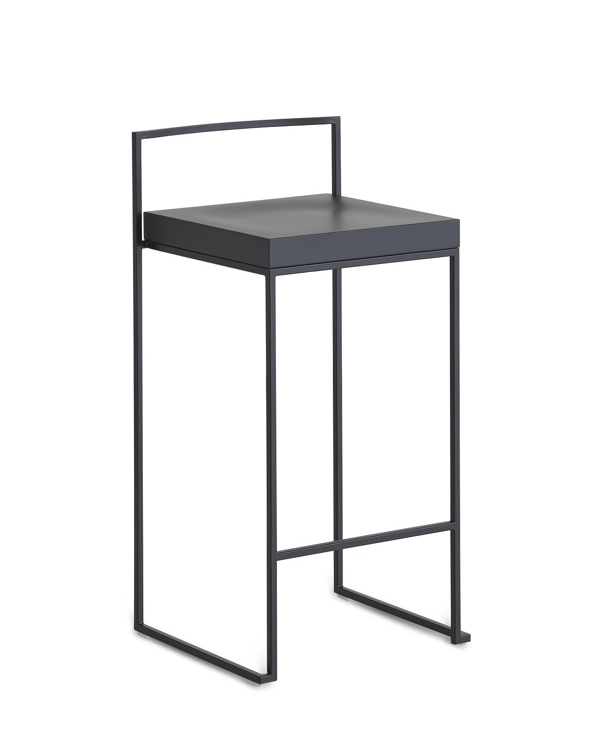 Schwarzer Cubo Barhocker mit Rückenlehne und Fußstütze. Moderner Hocker für Küche und Bar.