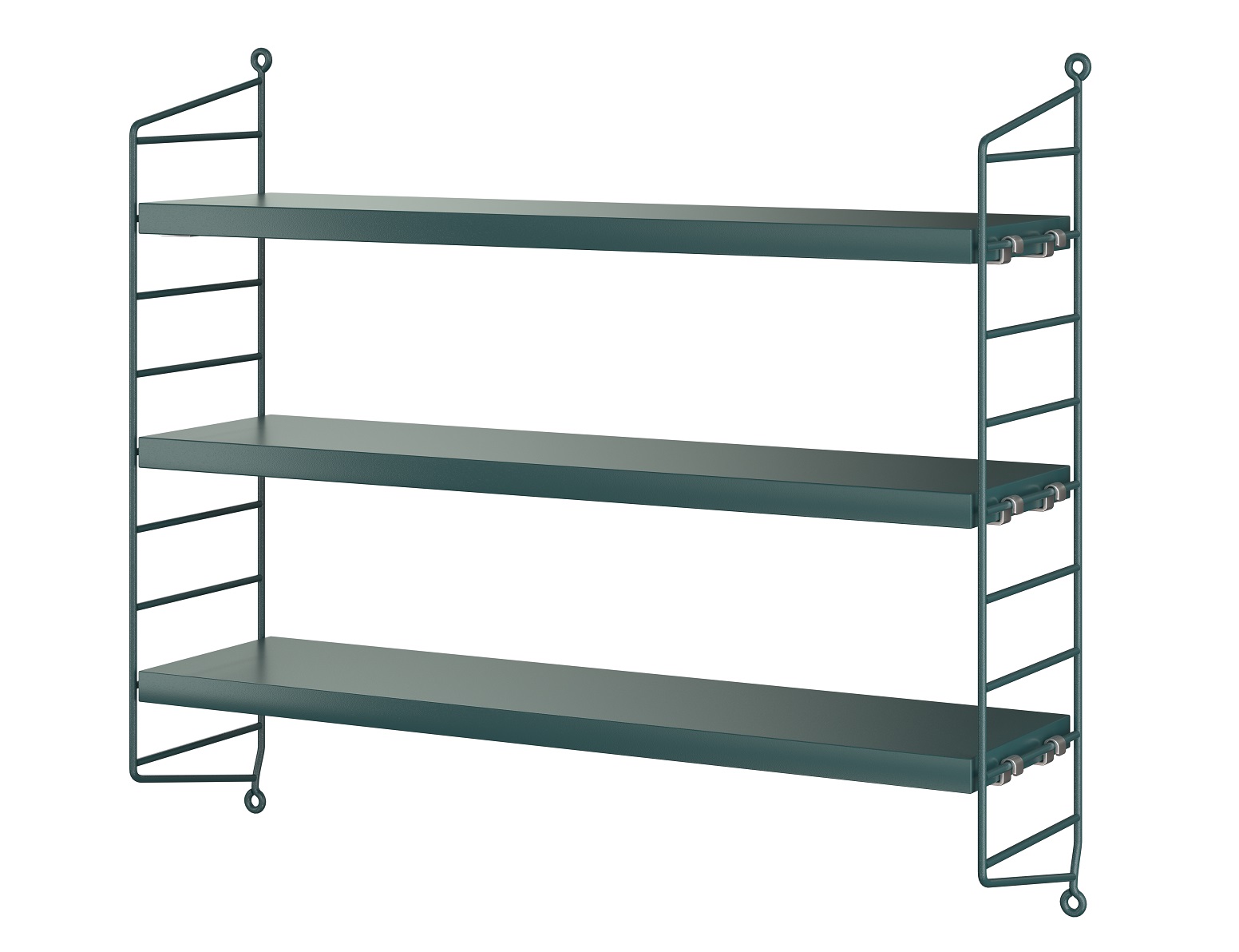 Grünes String Pocket Regal von String Furniture mit drei Regalböden und filigranen Seitenteilen.