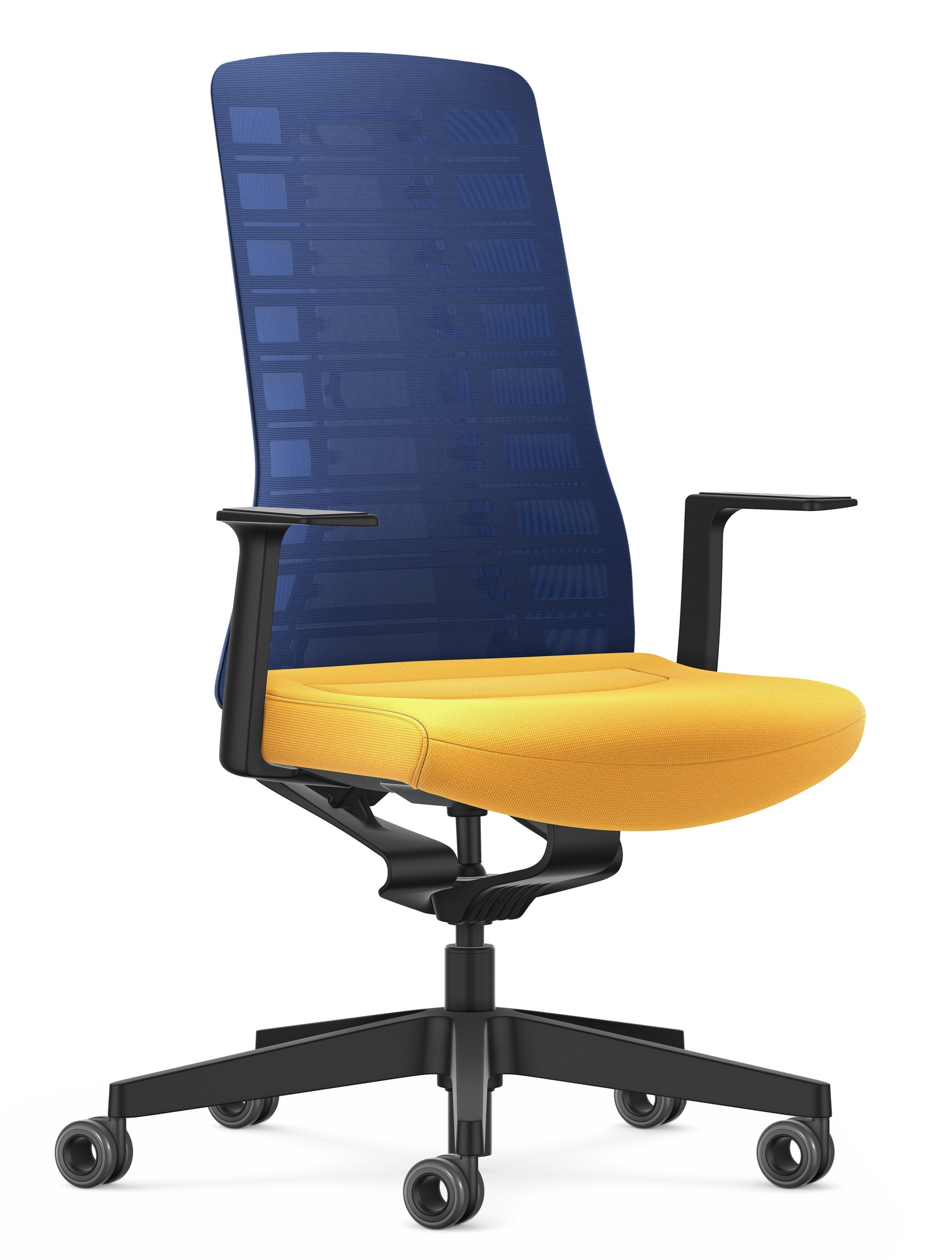 Pure Edition Active Bürostuhl von Interstuhl, blaues Netzgewebe, gelber Sitz, ergonomischer Drehstuhl.