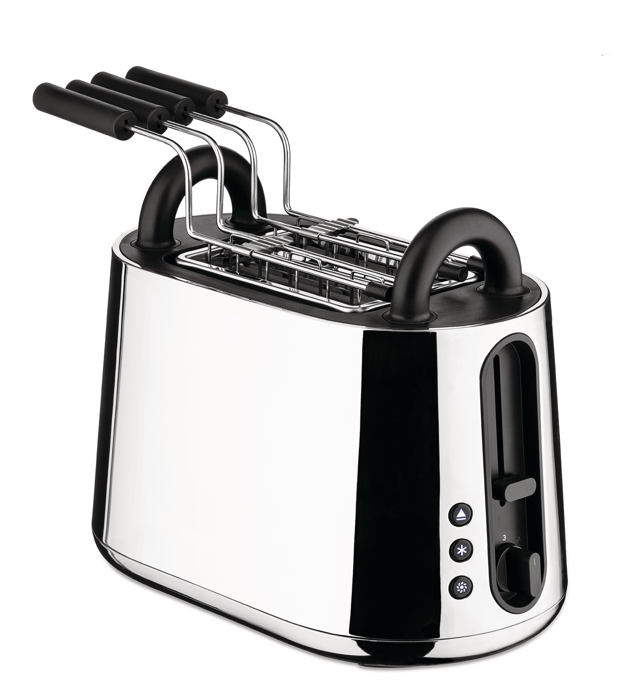 Alessi Toru Toaster mit Toasterzangen Set: Edelstahl Toaster mit schwarzen Griffen. Küchengerät für Toast.
