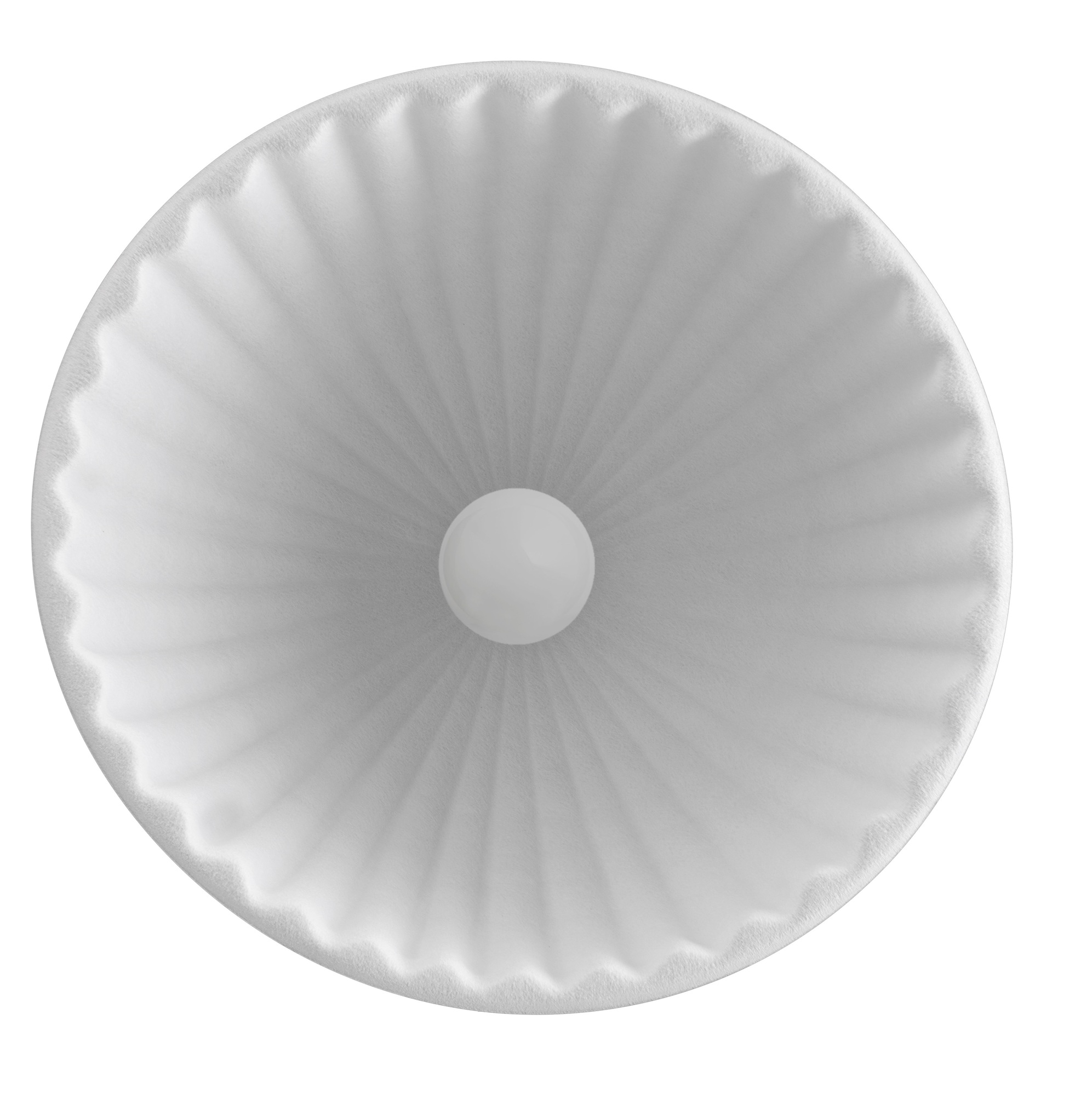 Ansicht von unten der grauen Under The Bell Pendelleuchte 55 von Muuto mit zentraler Glühbirne.