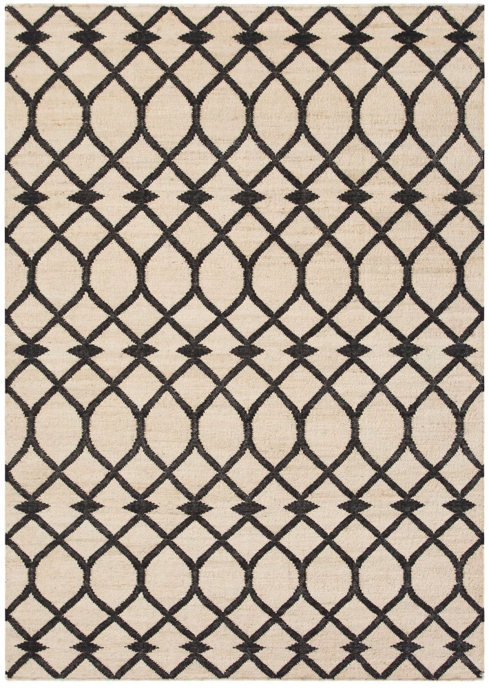 Kilim Teppich mit grafischem Rautenmuster in Beige und Blau, ideal für Wohnzimmer und Schlafzimmer.