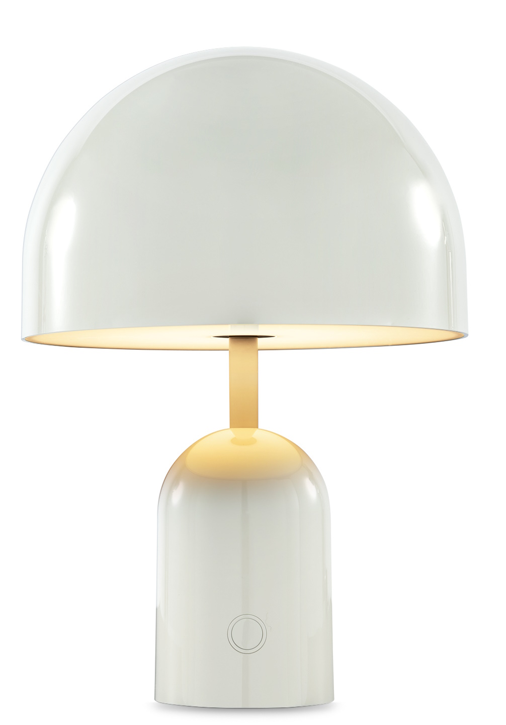 Nahaufnahme der Bell Portable LED Tischleuchte von Tom Dixon in Hellgrau.