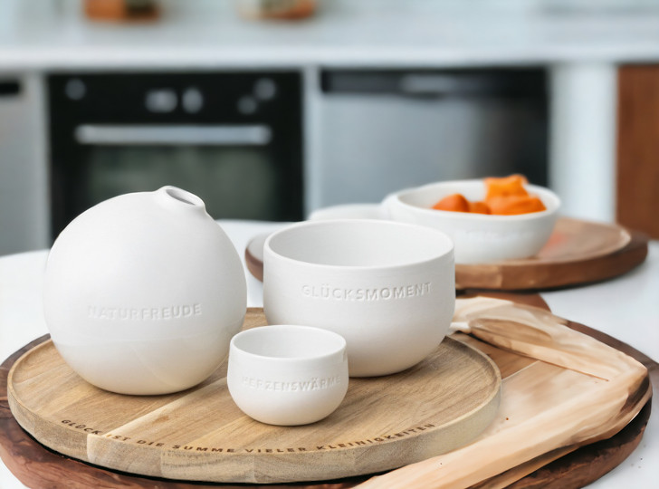 Tablett der kleinen Dinge mit weißer Keramikvase, Schalen und Holztablett mit Gravur.