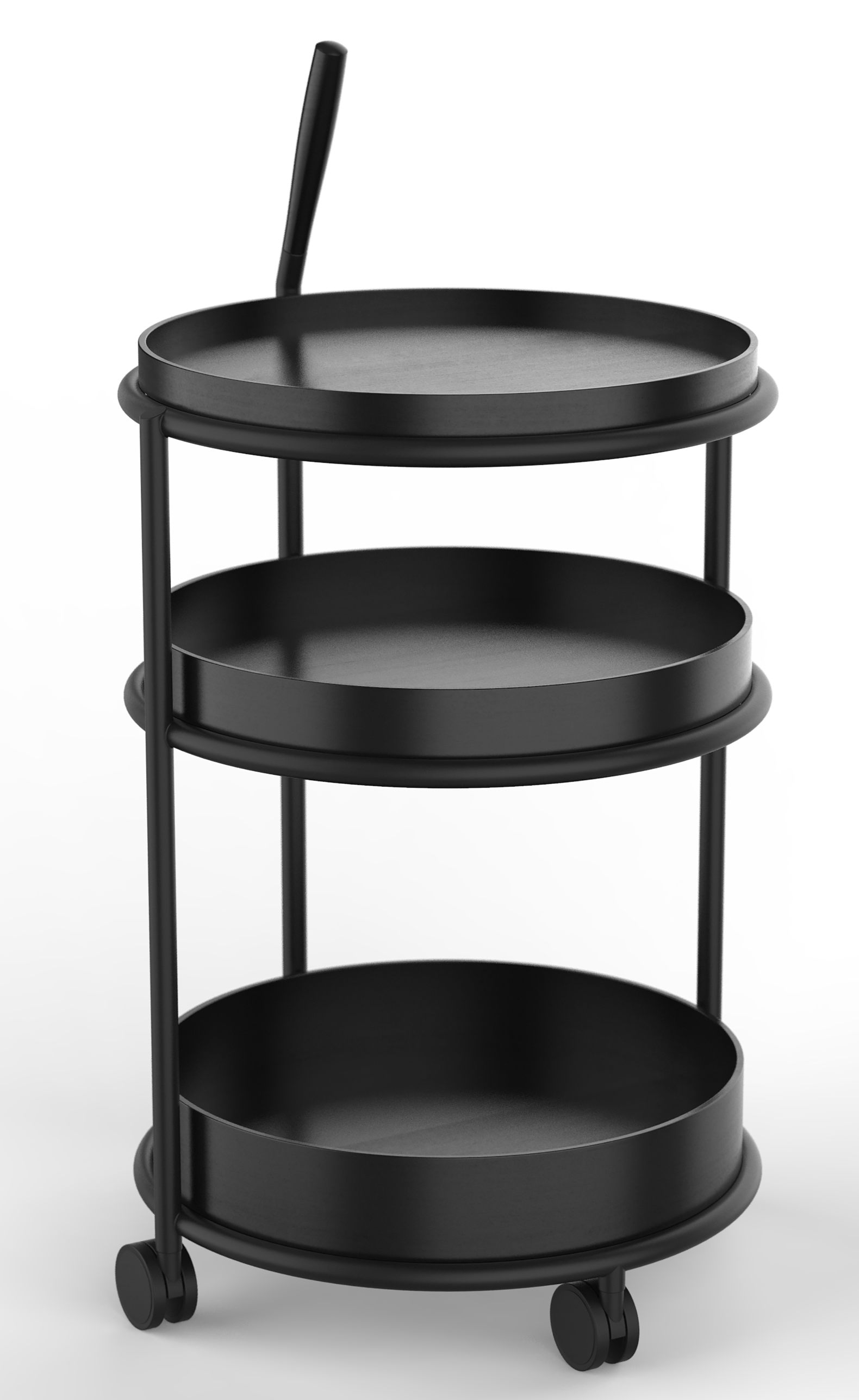 Schwarzer K6 Servierwagen von Tecta mit drei runden Ablageflächen und Rollen. Moderner Trolley.