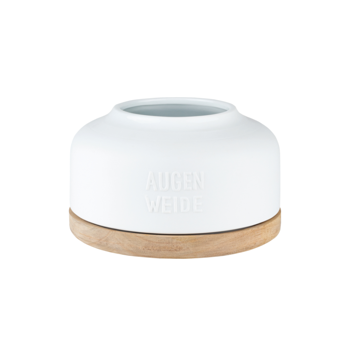 Weiße "Augenweide" Vase von Räder mit Holzsockel, moderne Blumenvase für stilvolle Dekoration.