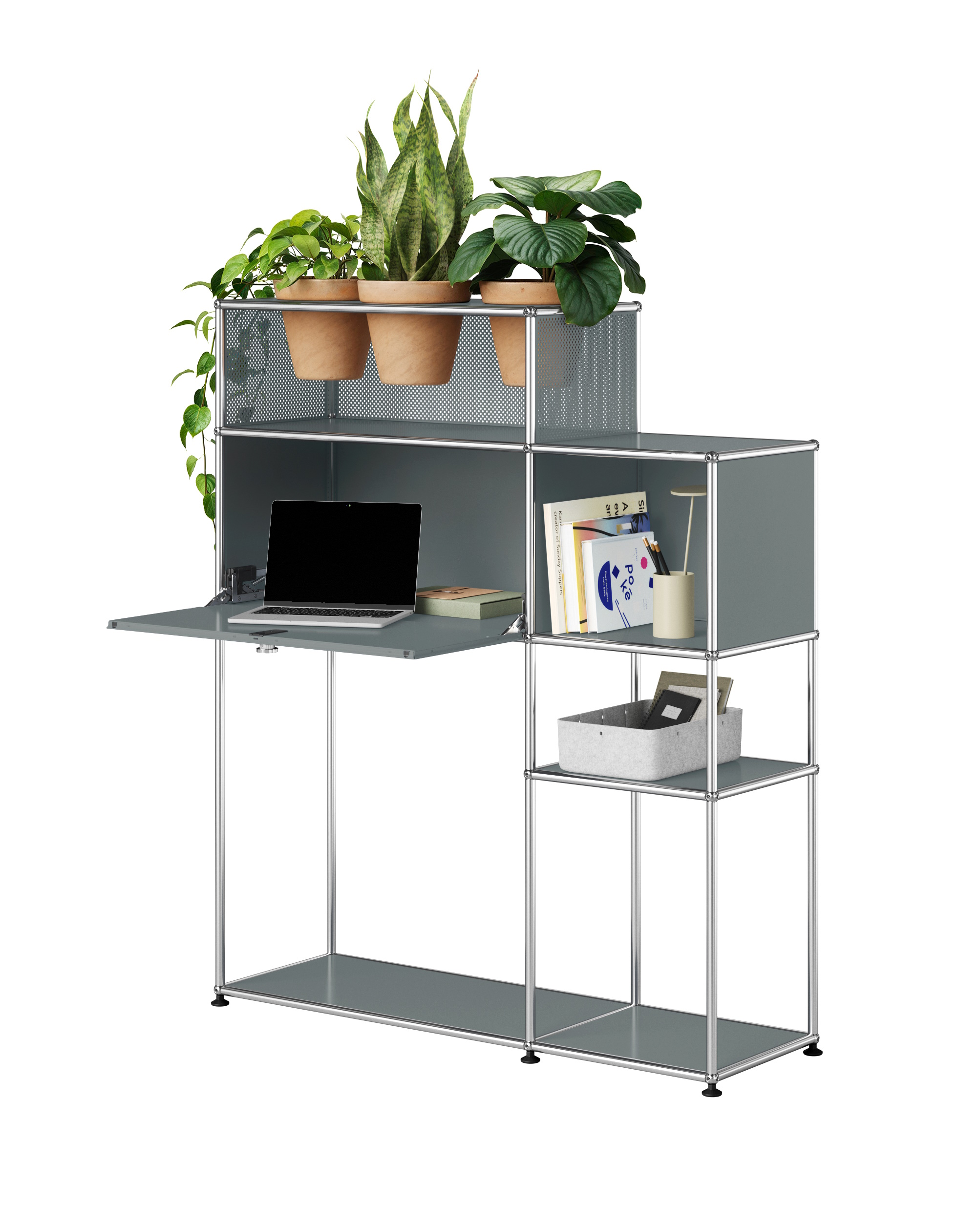 Graues USM Haller Möbel mit Schreibtisch, Regalen und Pflanzen für ein stilvolles Home Office.