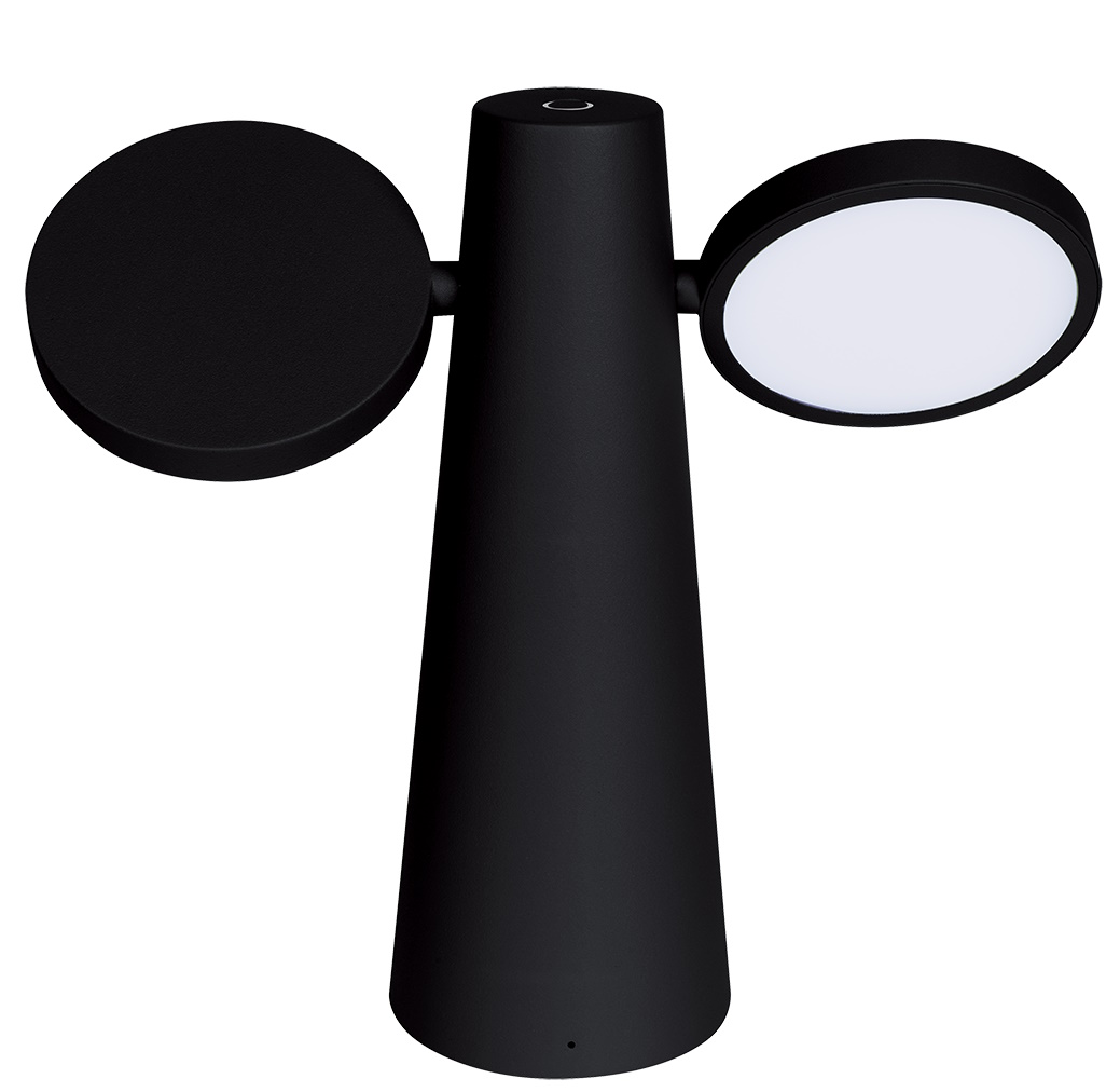 Schwarze Oto Tischleuchte von Fermob mit zwei runden, verstellbaren Leuchtenköpfen.