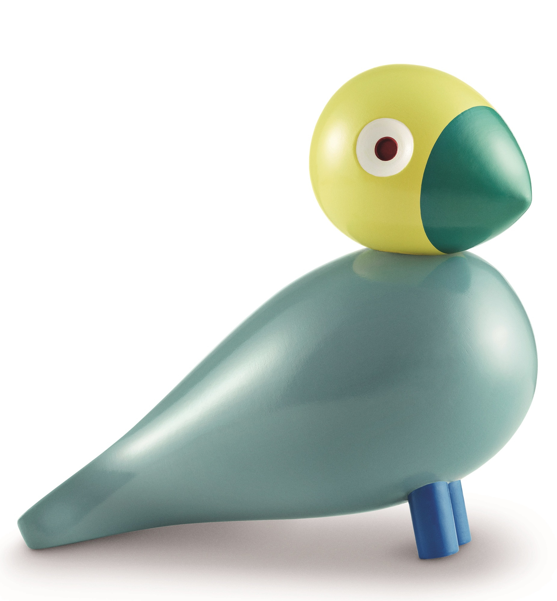 Holzfigur Kay Bojesen Songbird Sunshine: Gelber Kopf, türkisblauer Körper, blaue Füße. Dekoration.