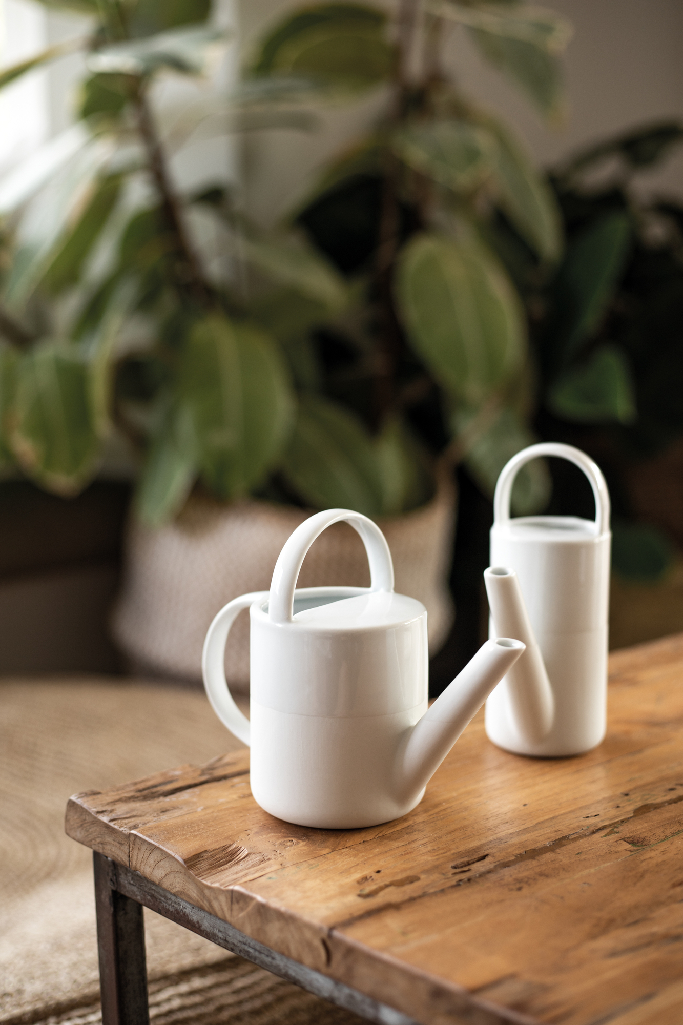 Zwei weiße Living Mini Porzellankännchen von Räder auf einem Holztisch, Zimmerpflanze im Hintergrund.