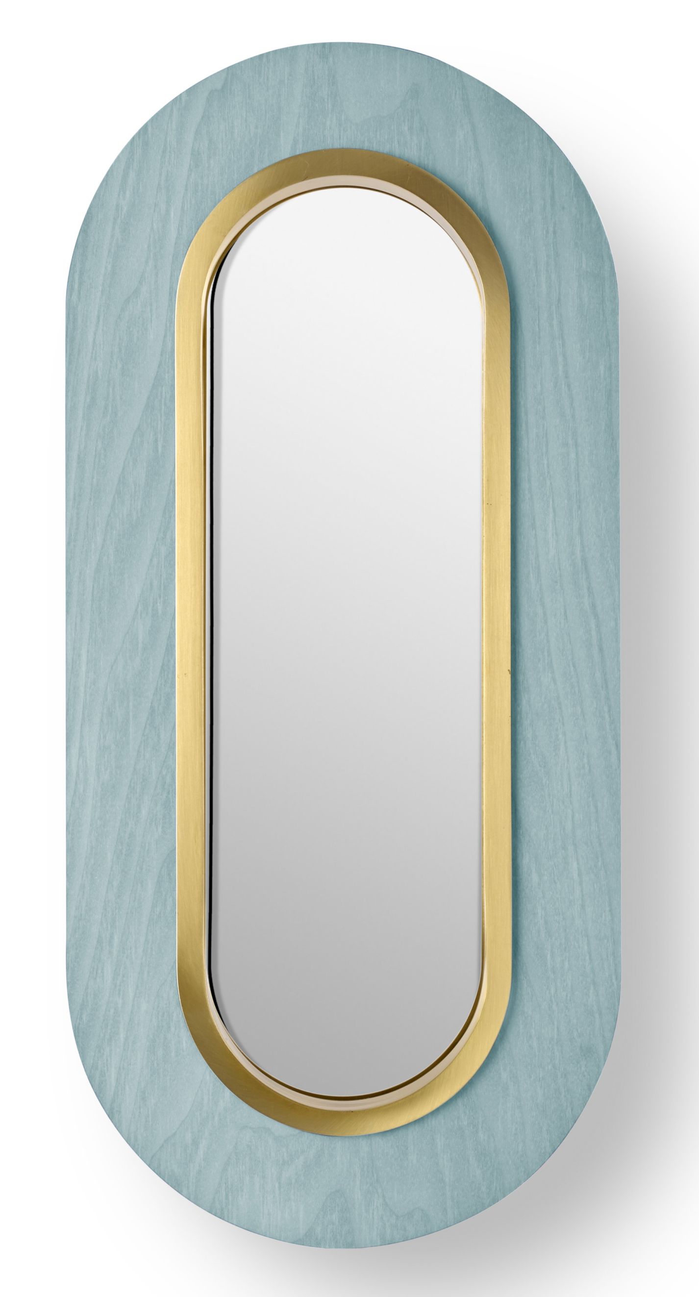 Lens LED Wandleuchte mit ovalem Goldring und meeresblauem Holzrahmen von LZF Lamps.