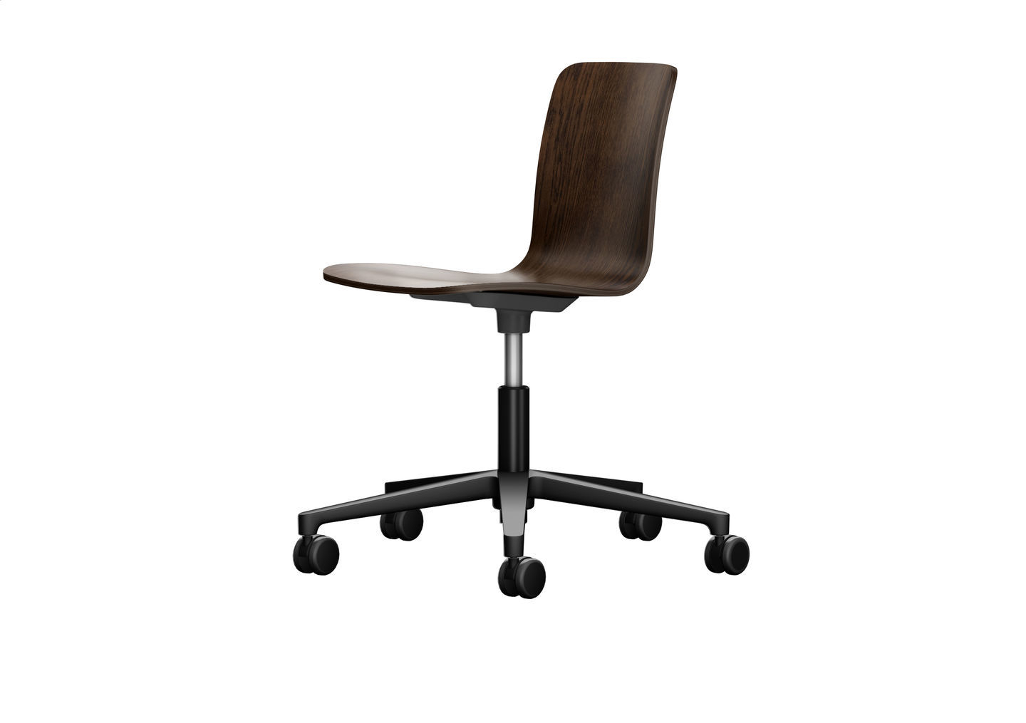 Vitra Hal Ply Studio Drehstuhl mit Holzschale und schwarzem Fußkreuz auf Rollen.