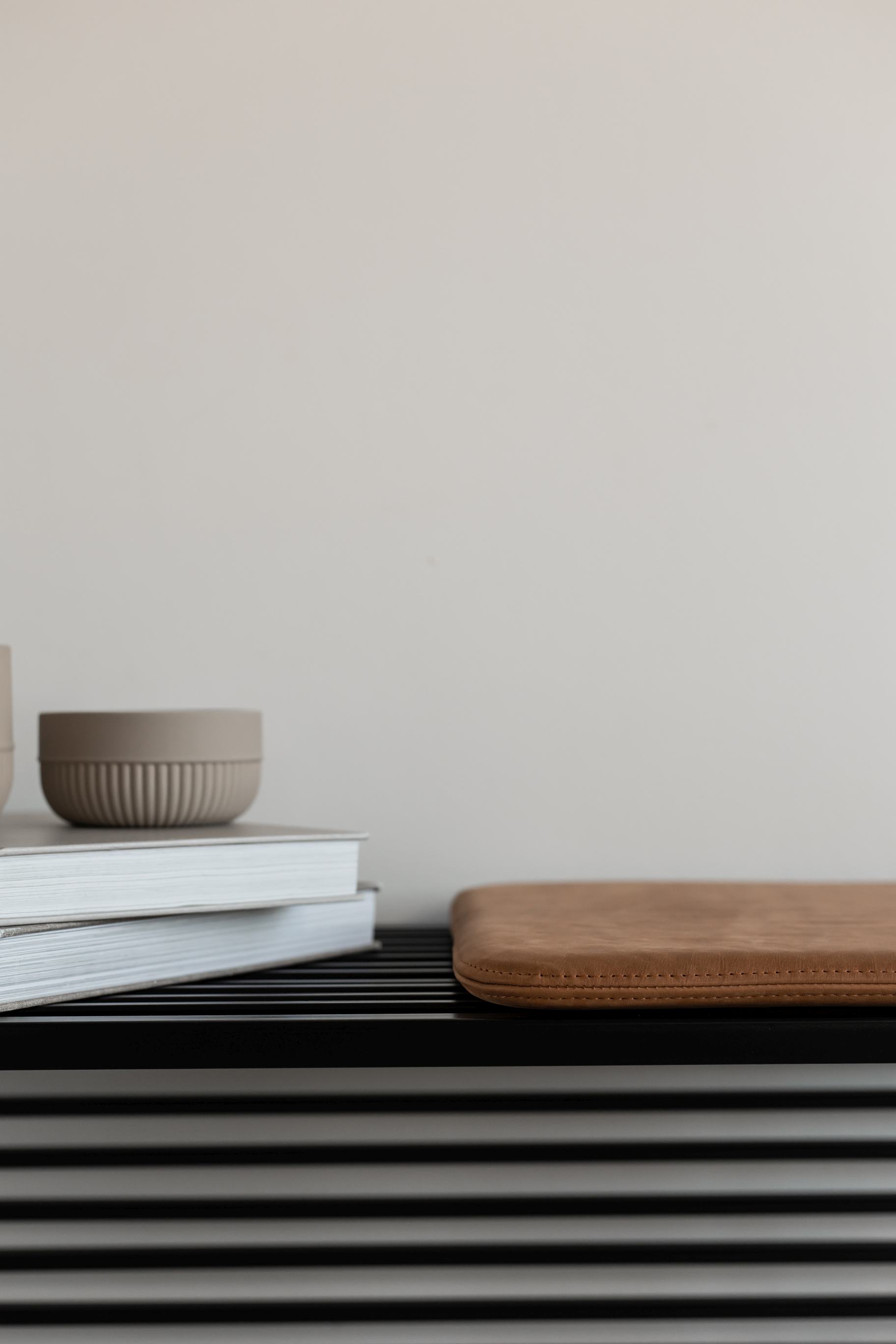 Novoform Element Bank mit Lederkissen, Bücher und Schale auf schwarzem Metallgestell. Moderne Sitzbank für Wohnzimmer.