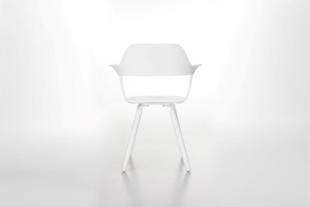 Muse Chair Stuhl Radius , moderner Armlehnstuhl in Weiß mit minimalistischem Design für Esszimmer und Wohnbereich.