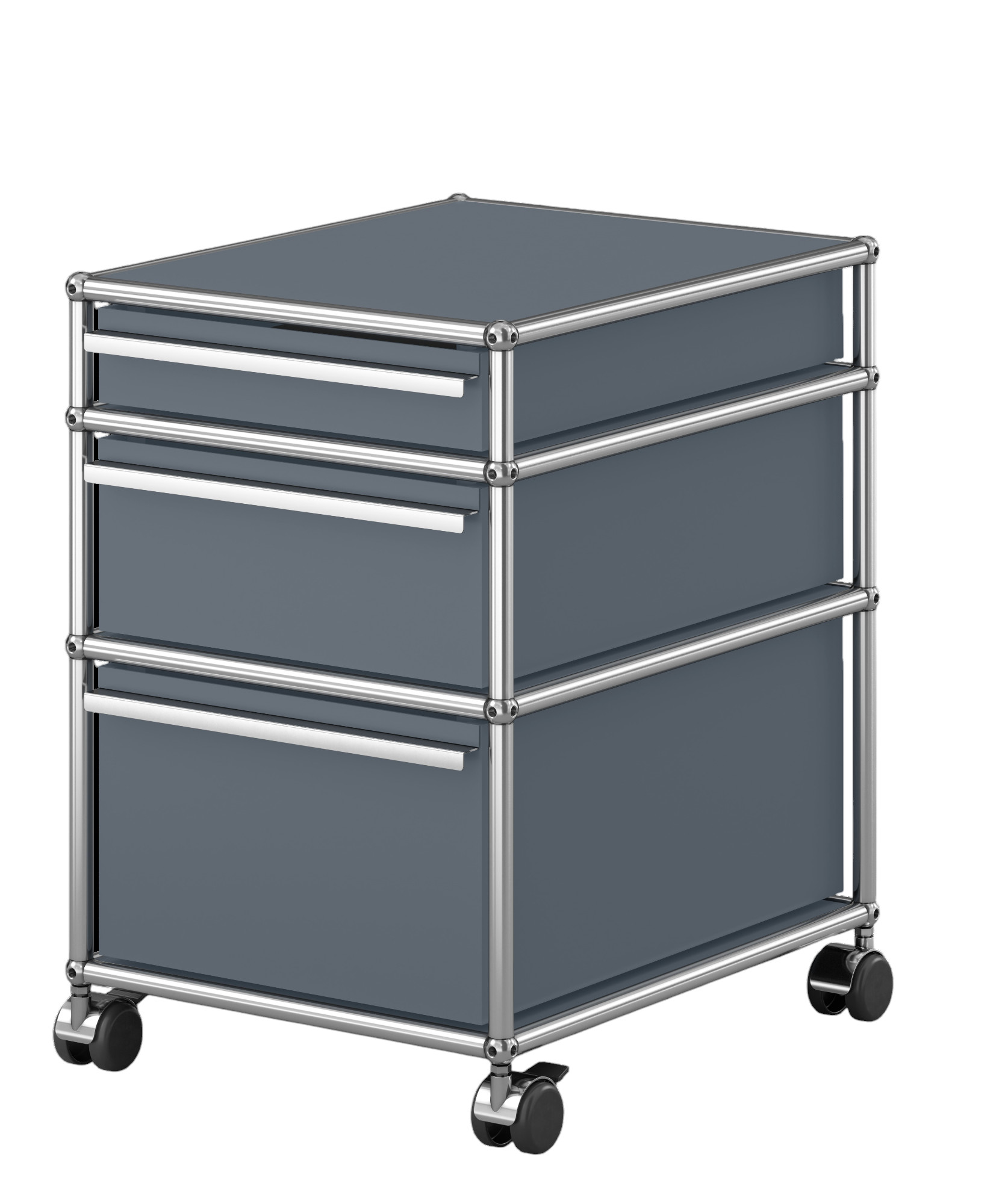 USM Haller Rollcontainer in Mittelgrau mit drei Schubladen und verchromtem Gestell auf Rollen.