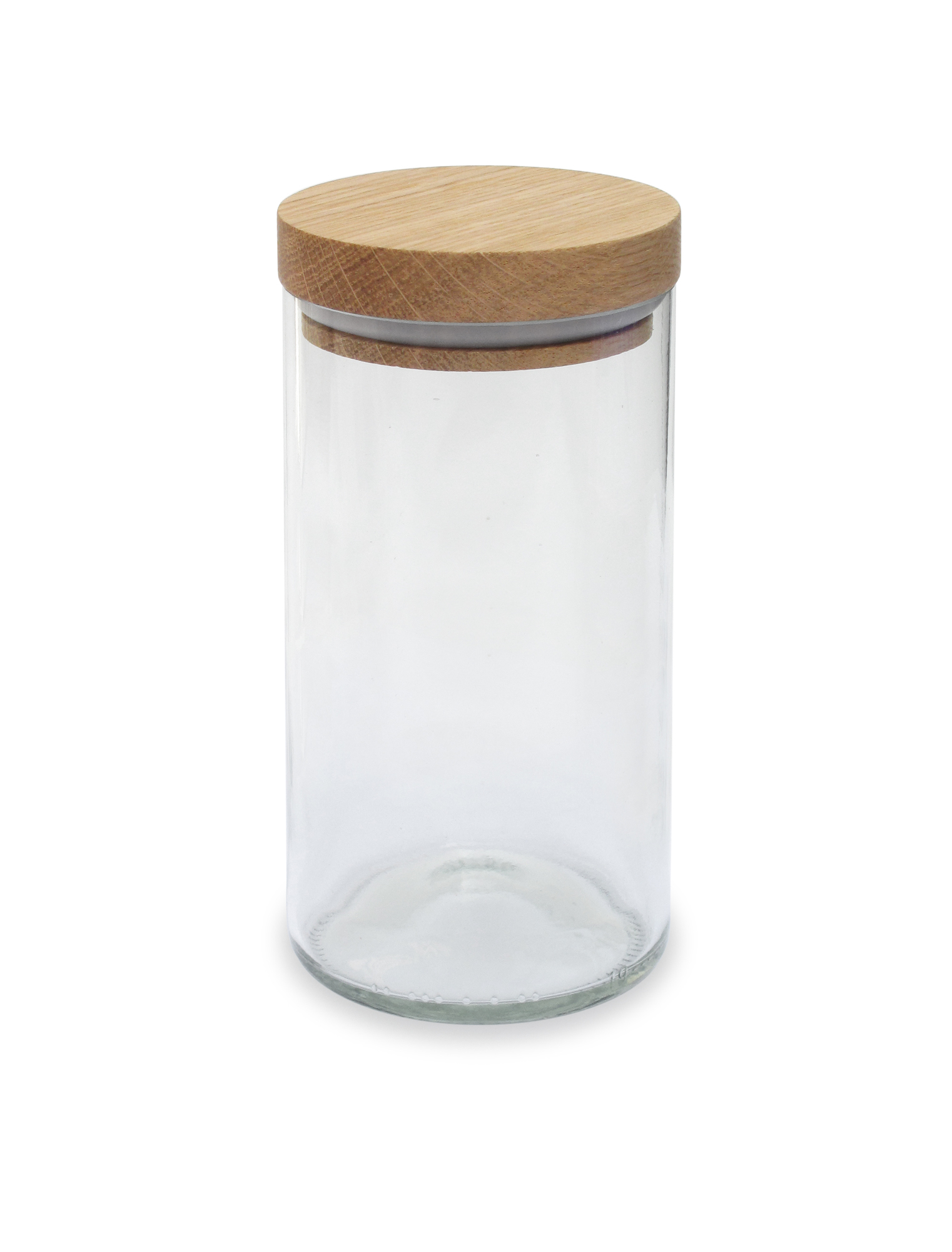 Klares Vorratsglas mit Holzdeckel, ideal für die Aufbewahrung von Lebensmitteln in der Küche.