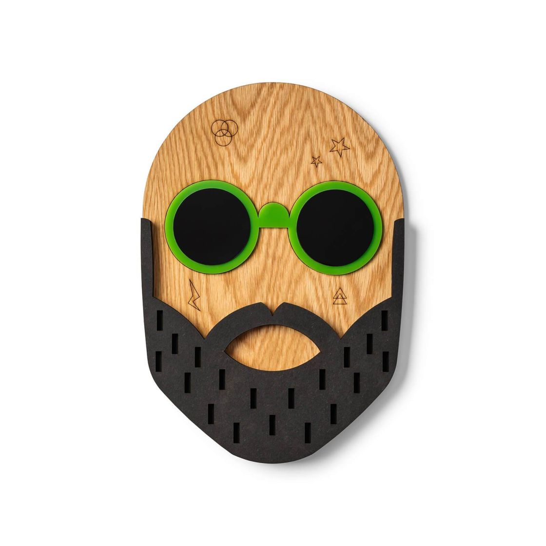 Hipster Mike Wandschmuck: Holzmaske mit Bart und grüner Brille, moderne Wanddeko für Wohnzimmer.