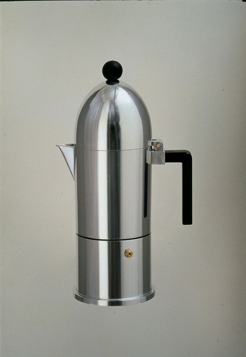 Alessi Espressokocher La Cupola aus poliertem Aluminium mit schwarzem Griff, für aromatischen Kaffee.