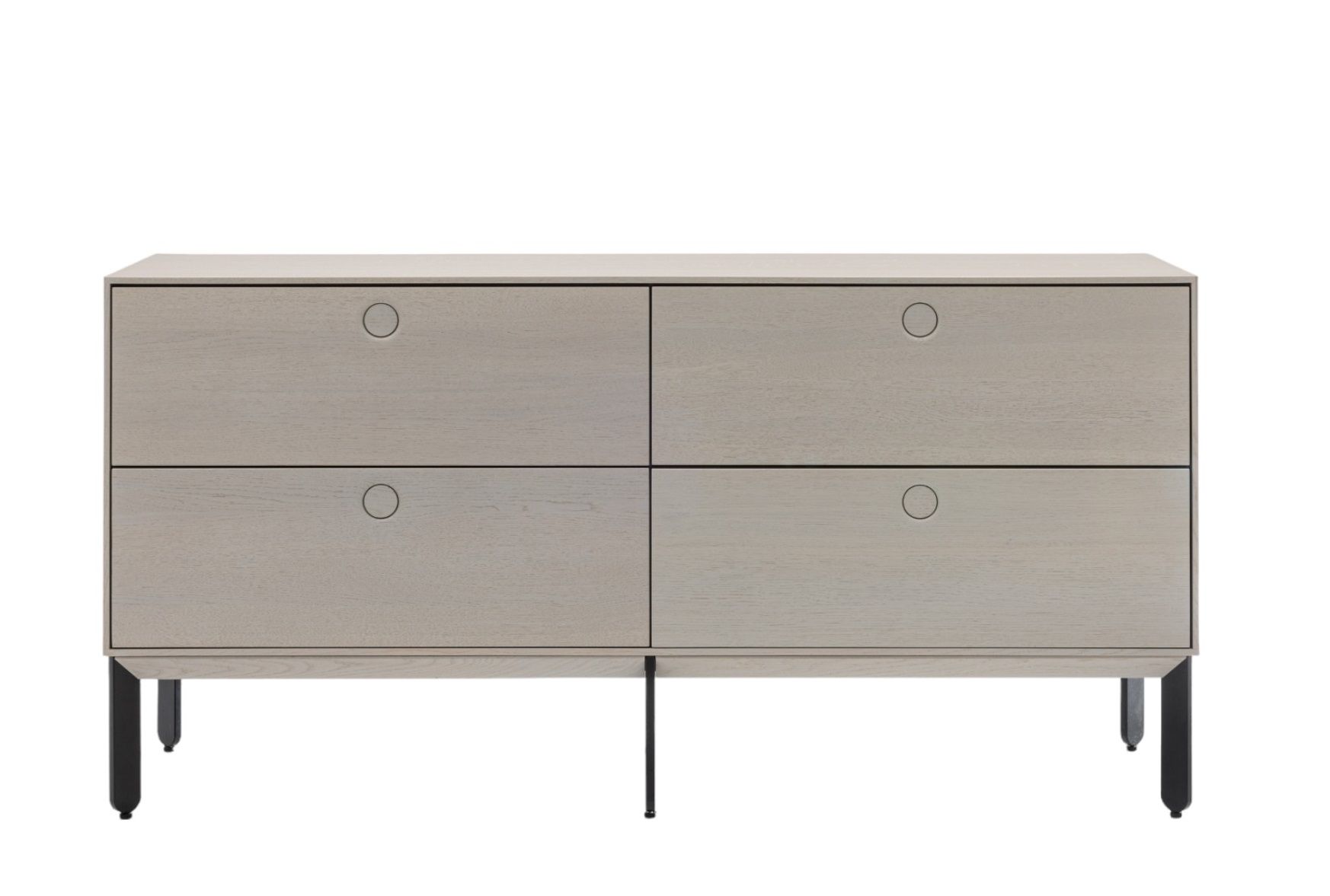 Kin Long Sideboard mit vier Schubladen in hellem Holz und schwarzen Beinen.
