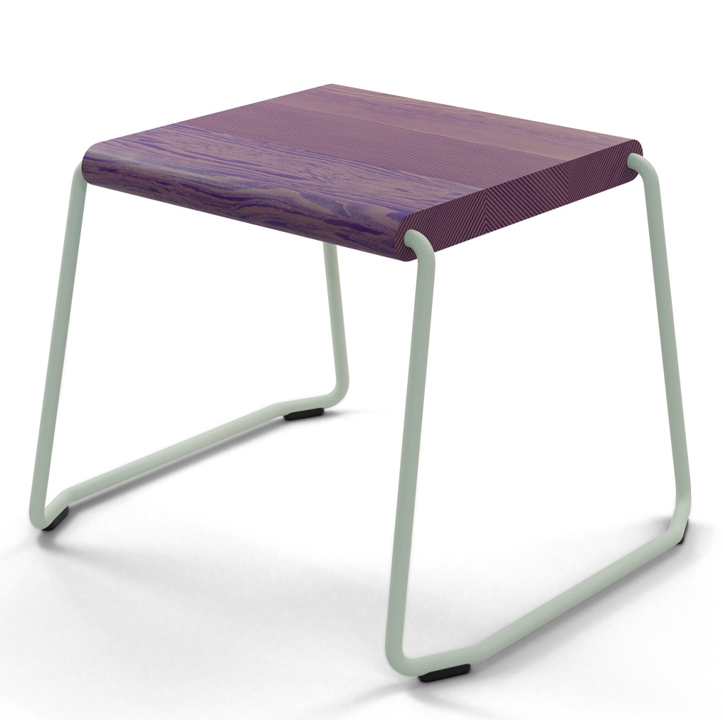 D:002 Beistelltisch Ultraviolett Fuchs & Habicht: Moderner, quadratischer Beistelltisch mit lila Holzplatte und hellgrünem Metallgestell.