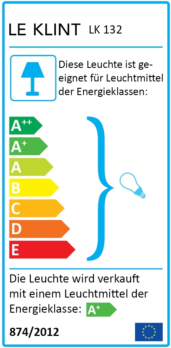 Energieeffizienzlabel der Le Klint Lamella Pendelleuchte mit Energieklassen von A++ bis E.