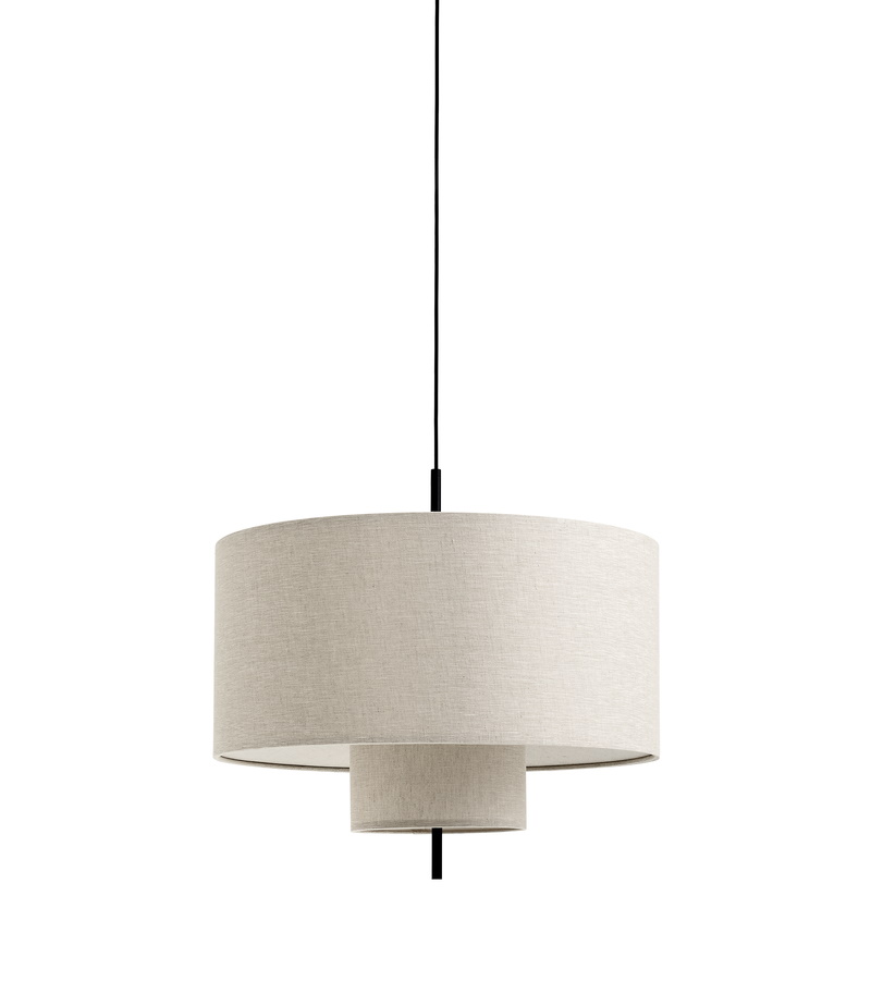 New Works Margin Pendelleuchte Ø50cm: Stoffschirm Hängeleuchte in Beige, modernes Design für Wohnzimmer und Esszimmer.