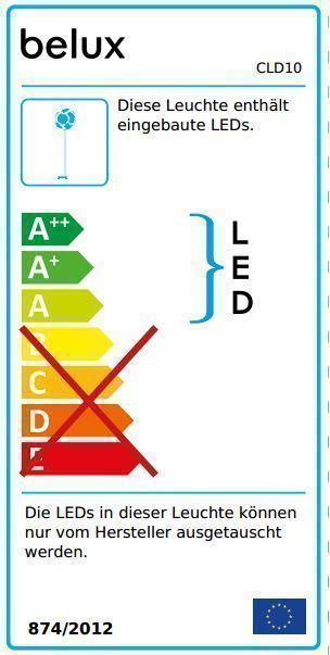 Energielabel der Belux Cloud LED Stehleuchte mit Energieeffizienzklasse A++ und integrierten LEDs.