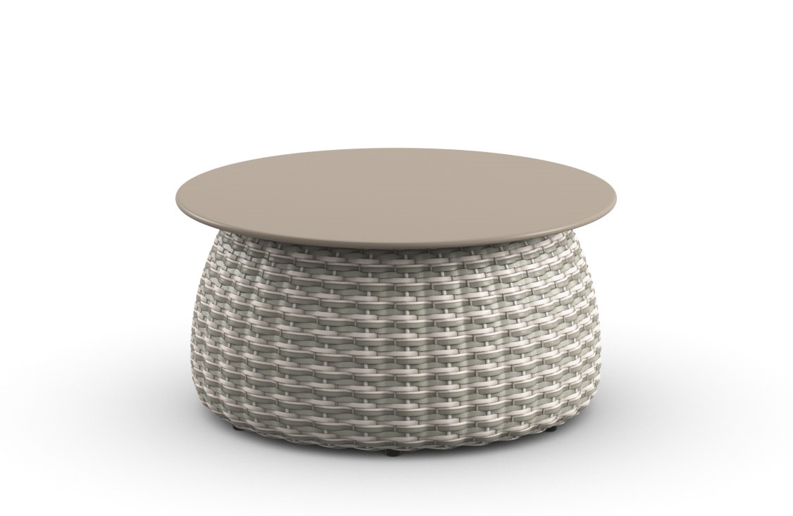 Porcini Beistelltisch von Dedon, Ø61cm, mit runder Tischplatte und geflochtenem Korpus in Beige- und Grautönen.