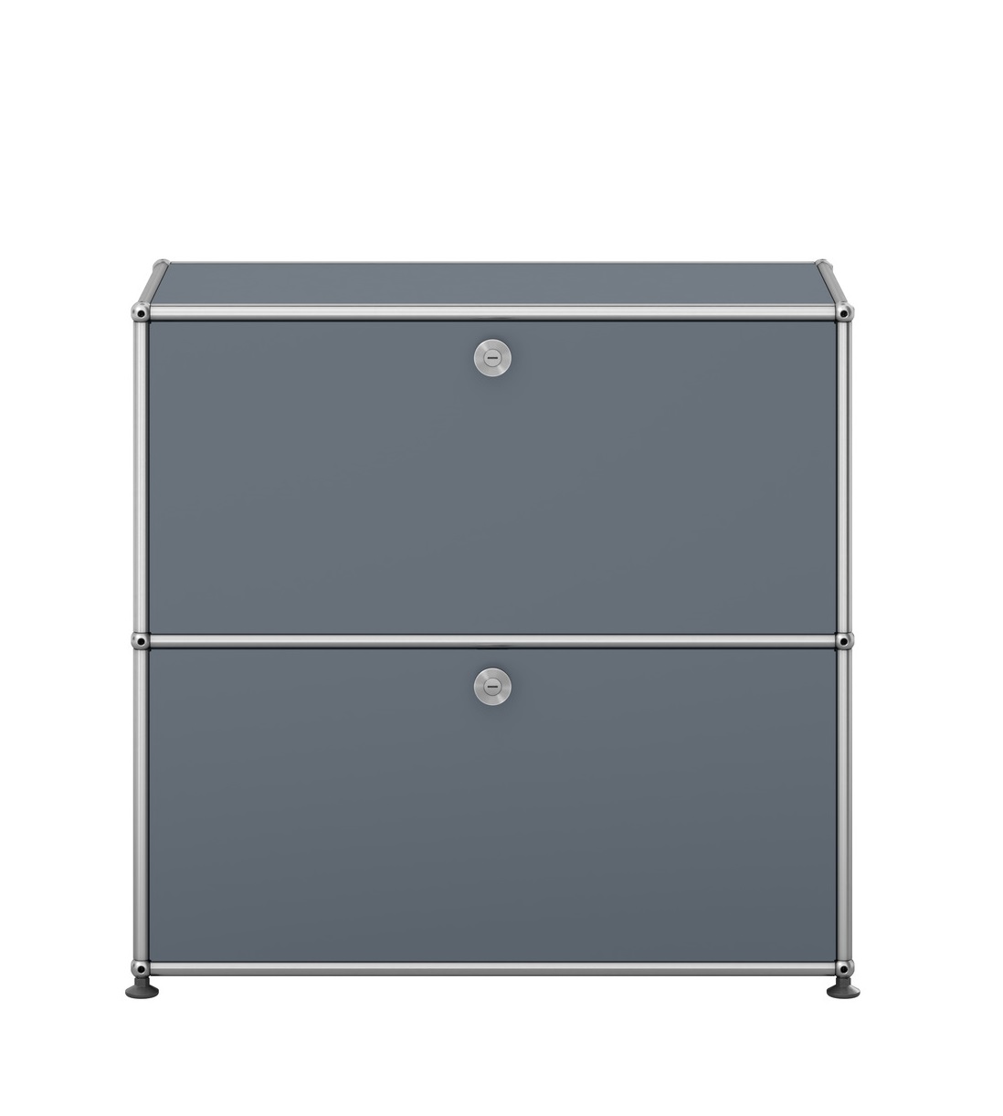 USM Haller Sideboard, kleine Ausführung in Mittelgrau mit zwei abschließbaren Fächern, modernes Möbeldesign für Büro und Wohnraum.