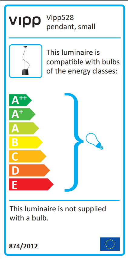 Energieeffizienzlabel für Vipp Pendelleuchte klein: Kompatible Leuchtmittel von A++ bis E. Leuchtmittel nicht enthalten.