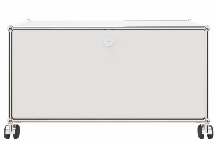 USM Haller Möbel: Reinweißes TV-/Hi-Fi-Möbel mit Rollen, moderner Stauraum für Wohnzimmer und Medien.