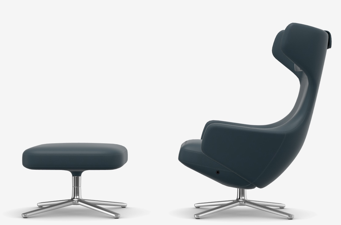 Grand Repos Sessel mit Ottoman in Rauchblau, Premium Leder und Kontrastnaht, Vitra.