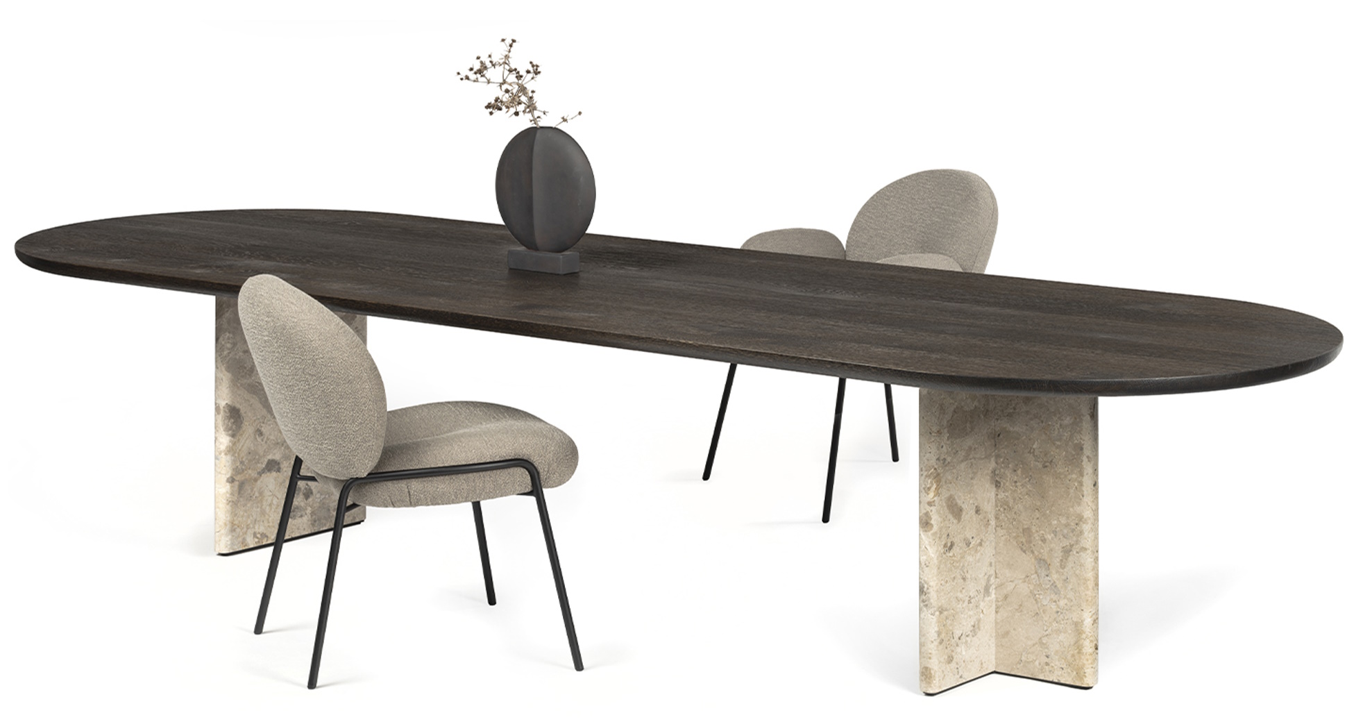 BC17 T-Rox Tisch oval Esstisch Janua Eiche geräuchert anthrazit geölt, gebürstet, Fuß Stein Ceppo beige / B 200 x T 90 x H 75 cm