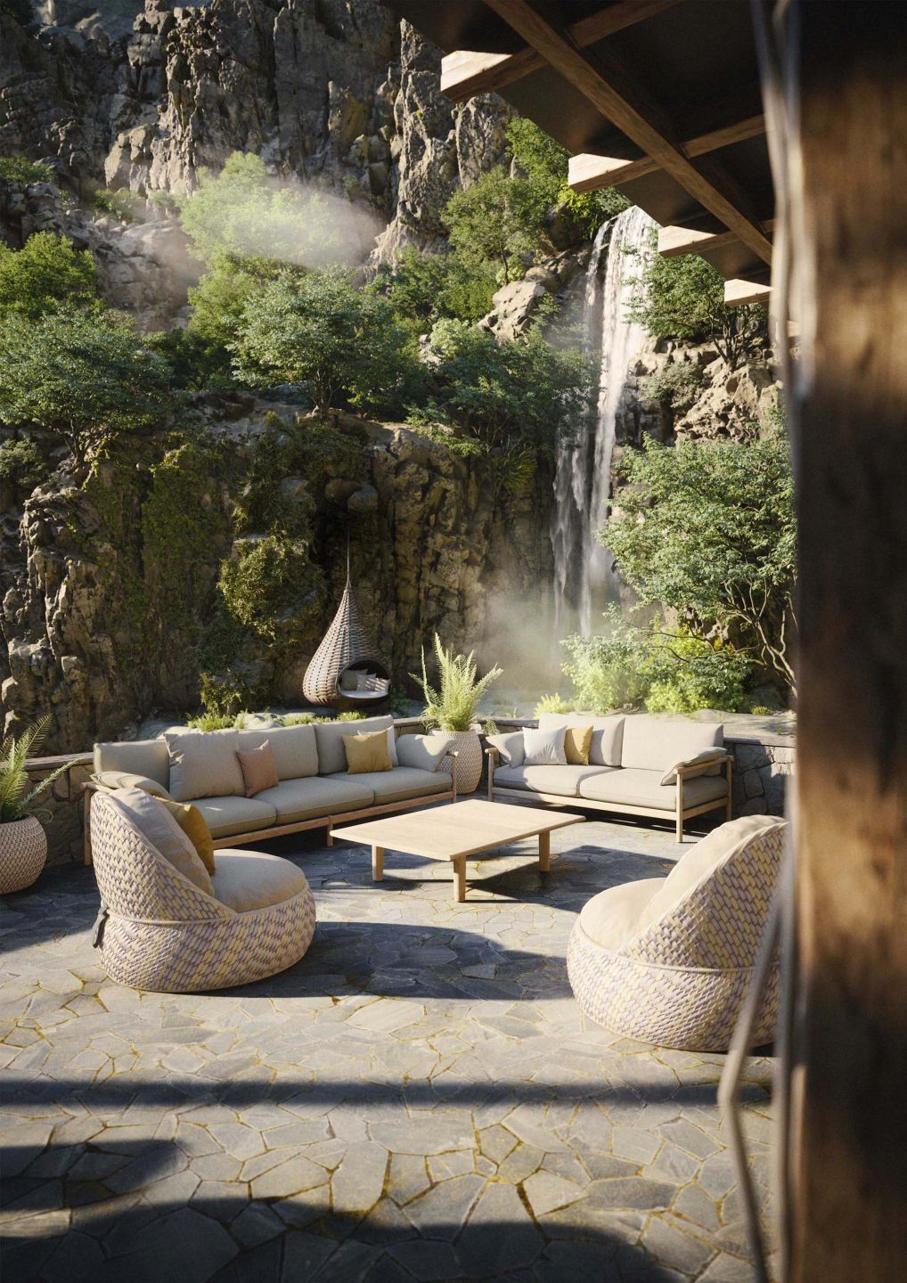 Dala Lounge Chair von Dedon mit Polster vor Wasserfall, Outdoor-Möbel und Gartenmöbel.