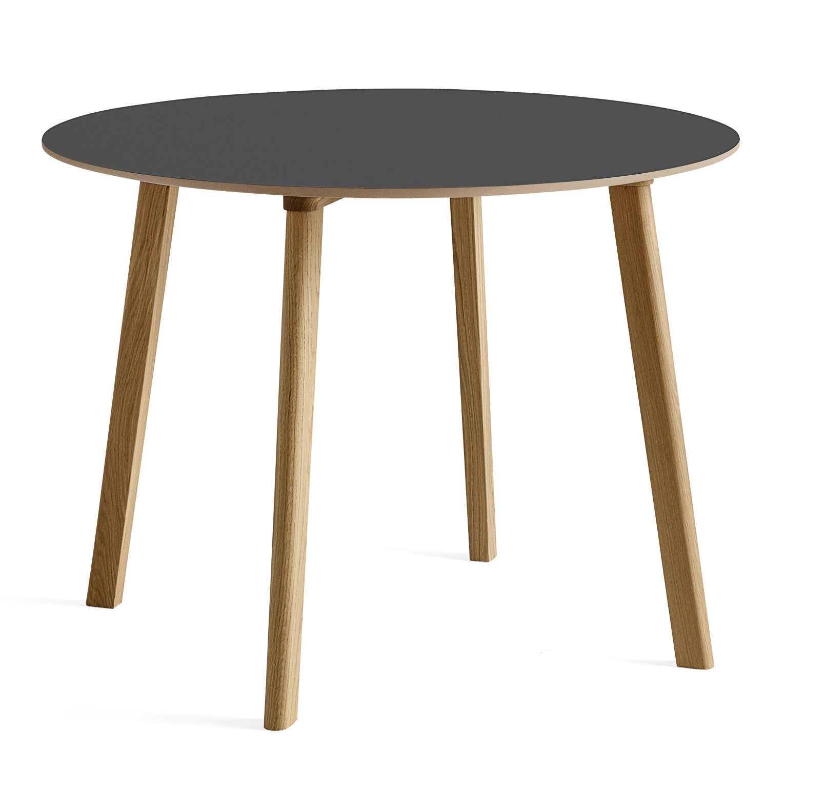 CPH DEUX 220 Tisch von Hay mit grauer Tischplatte und hellen Holzbeinen. Runder Tisch.