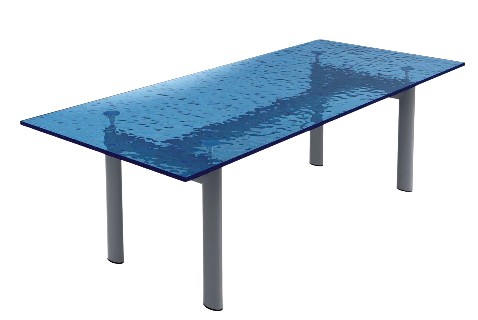 LC6 Table tube d´avion Esstisch Cassina mit blauer Glasplatte und grauen Beinen.