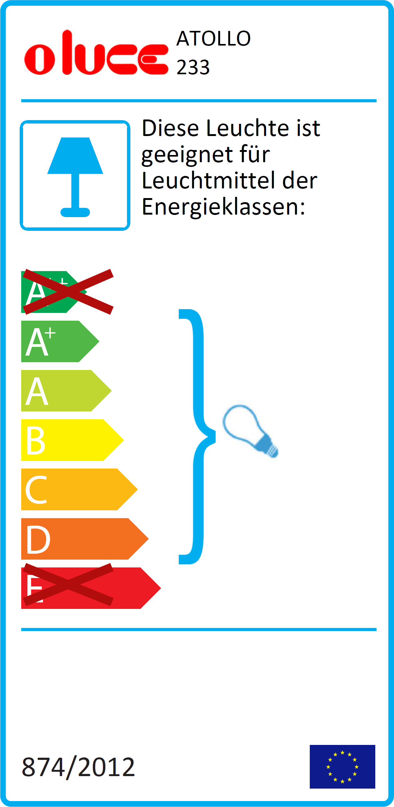 Energieeffizienzlabel für Oluce Atollo Lampe. Informationen zu Energieklassen der Leuchtmittel.