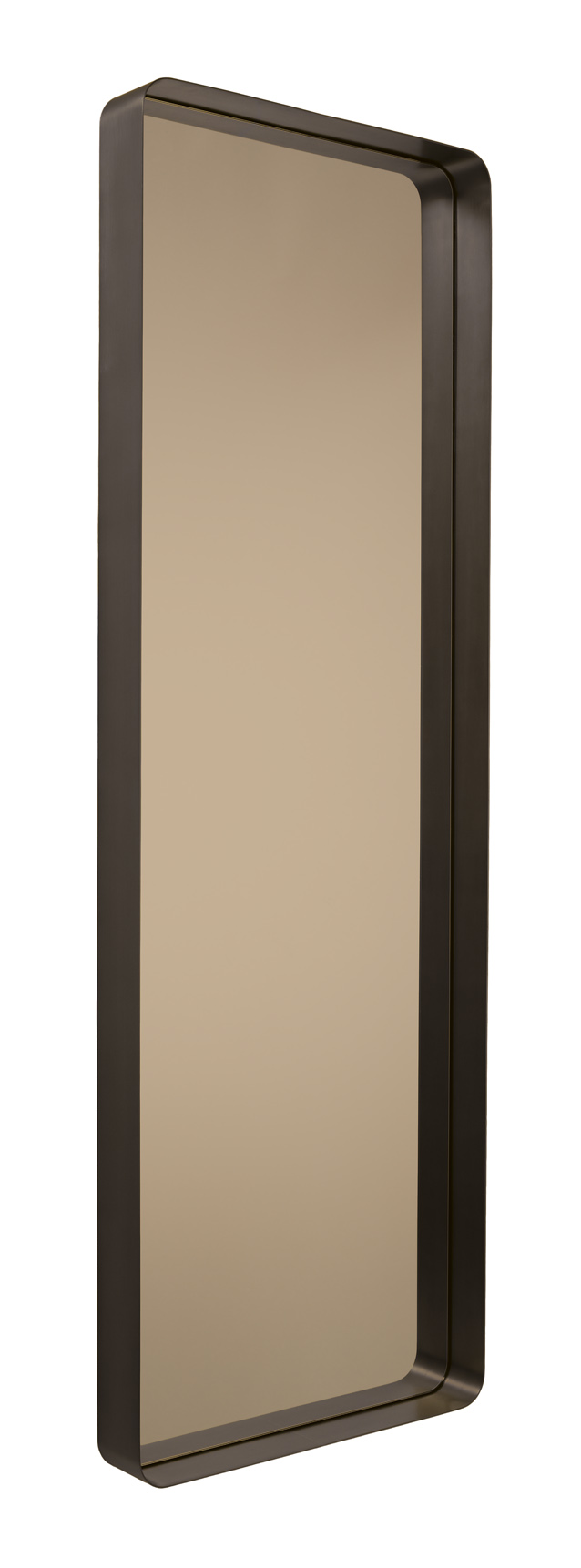 Cypris Spiegel von ClassiCon, rechteckig mit abgerundeten Ecken und bronzefarbenem Rahmen. Design Spiegel für Wand.