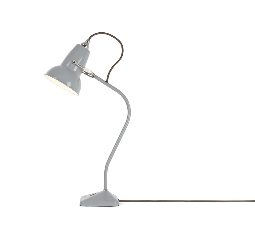 Graue Anglepoise Original 1227 Mini Tischleuchte mit flexiblem Arm und Lampenschirm.
