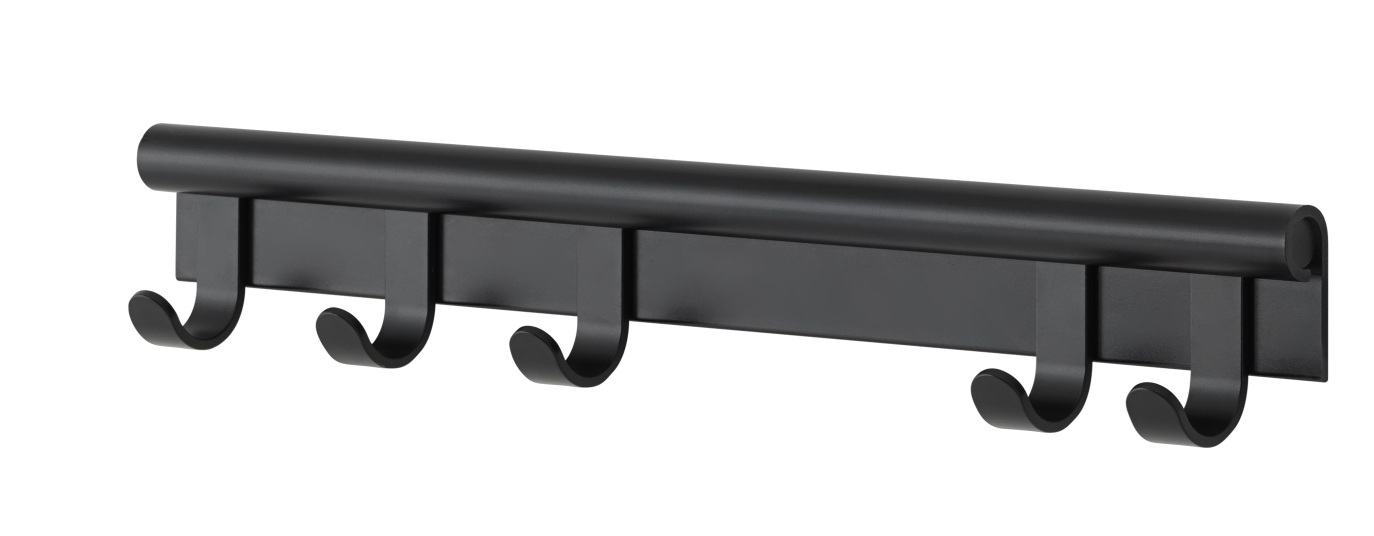 Schwarze Muuto Coil Coat Rack Wandgarderobe mit fünf Haken für Jacken und Mäntel.
