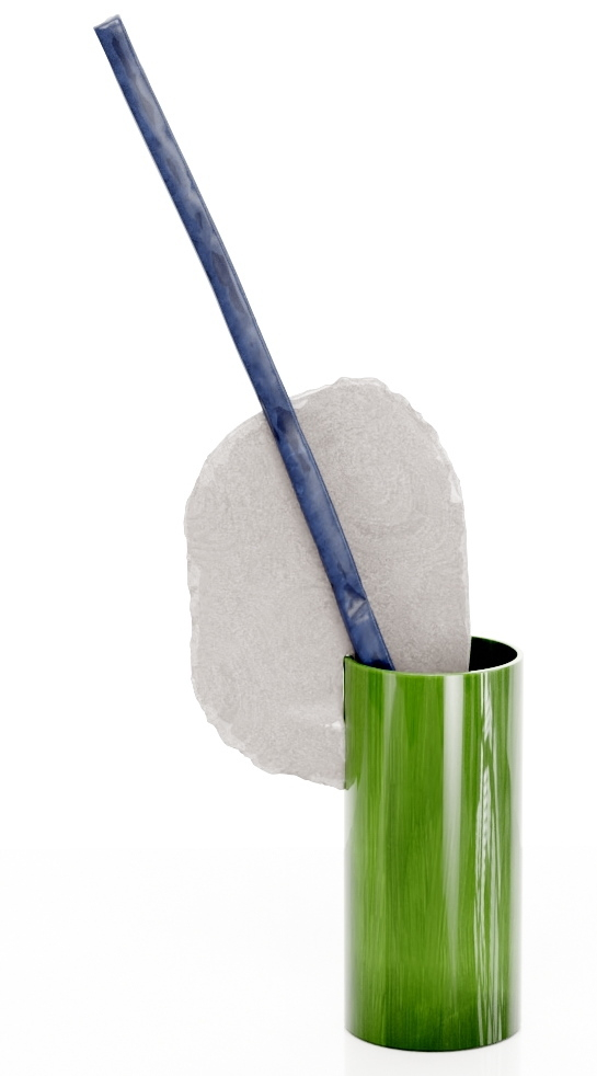 Vitra Découpage Vase Barre: Grüne Design-Vase mit blauem Stab und weißem Dekoelement, moderne Wohnaccessoires.