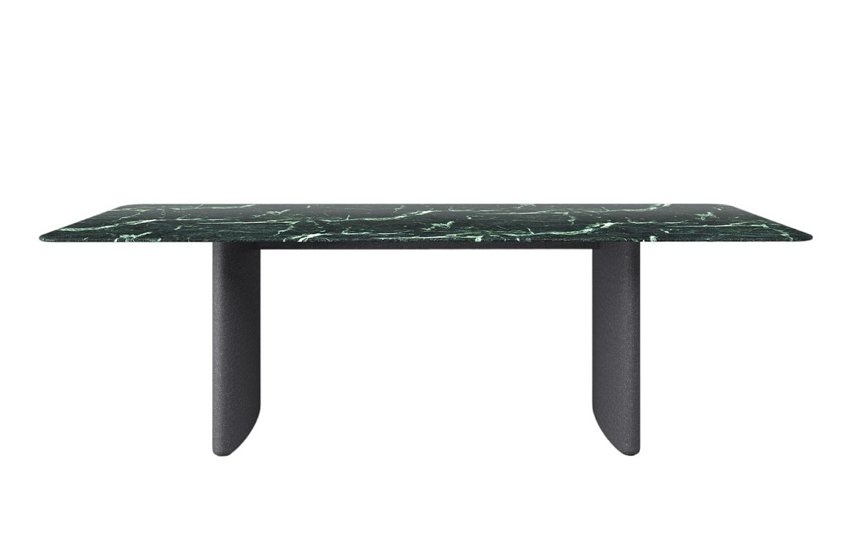 Ipa Wangentisch mit grüner Marmorplatte und grauen Wangen, moderner Esstisch für Esszimmer.