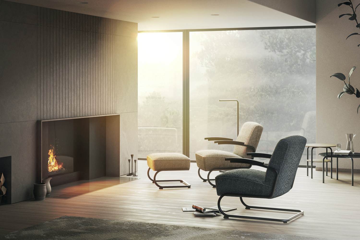 Wohnzimmer mit Kamin und Thonet Freischwinger Stühlen, sowie einer Lum LED Stehleuchte im Hintergrund.