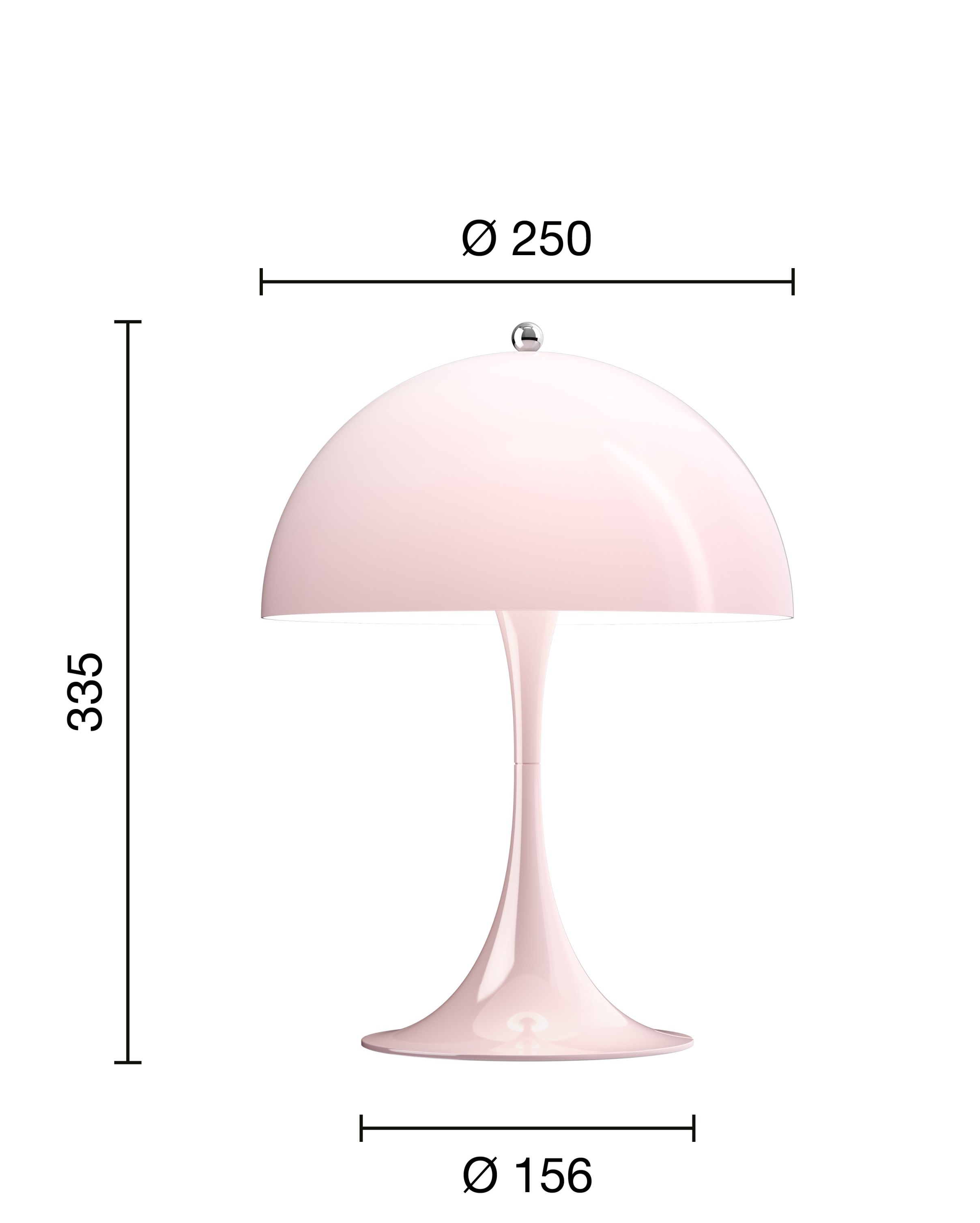 Panthella 250 Tischleuchte LED von Louis Poulsen in Opal Pale Rosa mit Maßen.