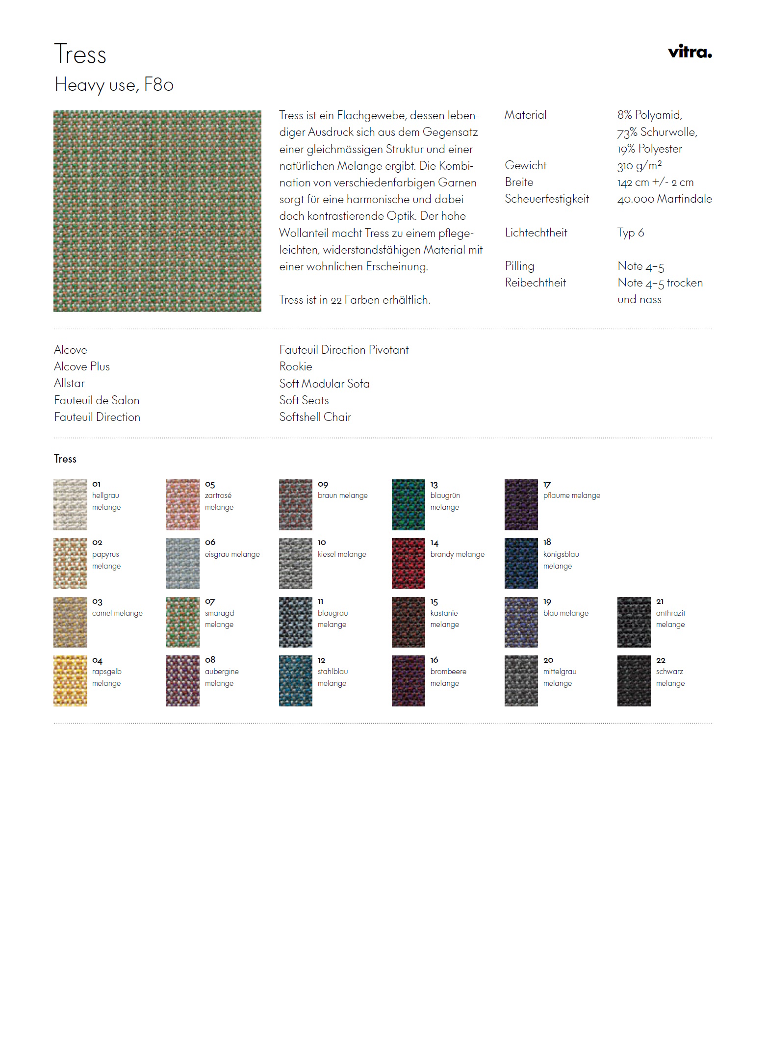 Detailaufnahme der Vitra Tress Stoffmusterkarte mit verschiedenen Farbvarianten und Gewebestrukturen.