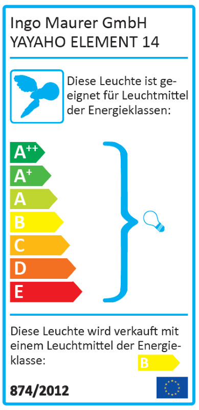 Energielabel für YAYAHO Element 14 Lichtsystem von Ingo Maurer mit Energieeffizienzklassen von A++ bis E.