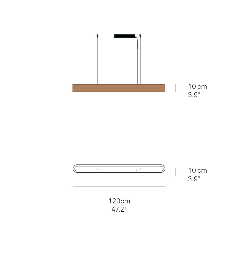 Technische Zeichnung der I-Club Pendelleuchte von LZF Lamps, 120 x 10 cm, Kirsche.