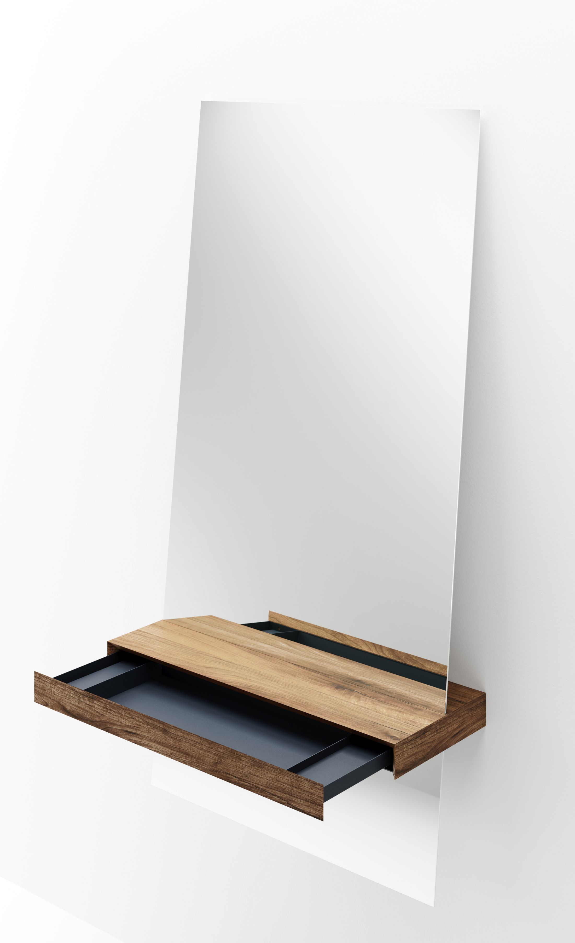 Guillotine Spiegel: Rechteckiger Wandspiegel mit Walnuss-Konsole und Schublade für Badezimmer oder Ankleidezimmer.