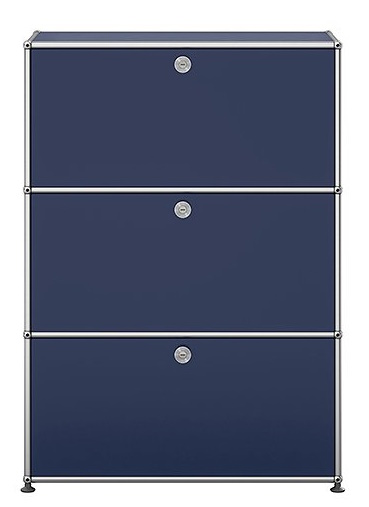 USM Haller Highboard in Stahlblau mit drei Klappen und silbernem Gestell, modernes Designmöbel.