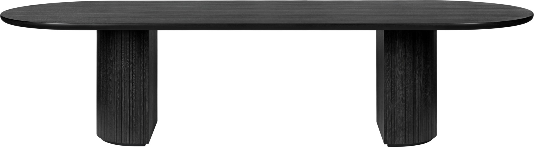 Schwarzer Moon Esstisch von Gubi mit elliptischer Tischplatte und zwei zylindrischen Beinen.